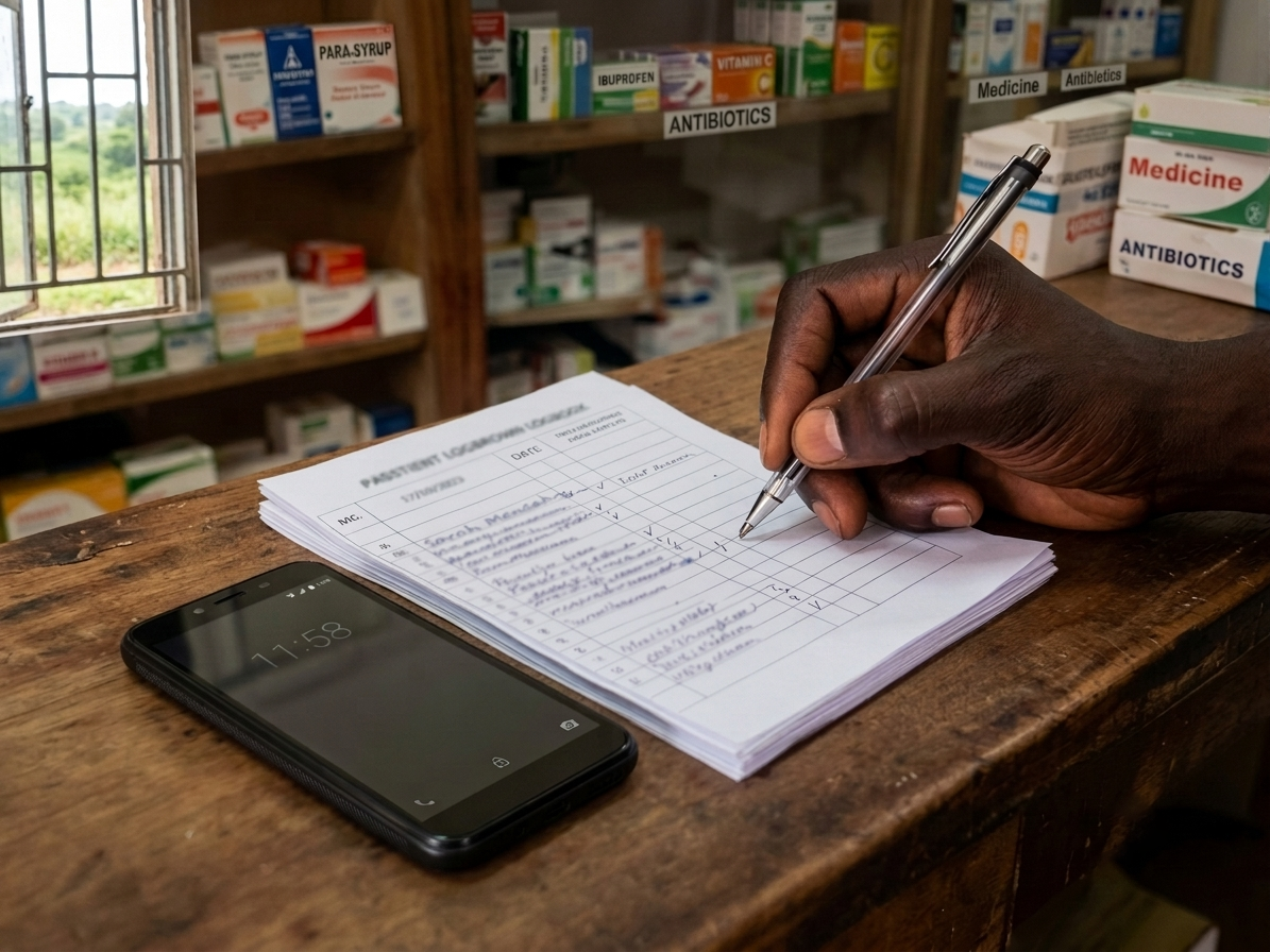 Provider writing patient details in a logbook at a medicine shop counter