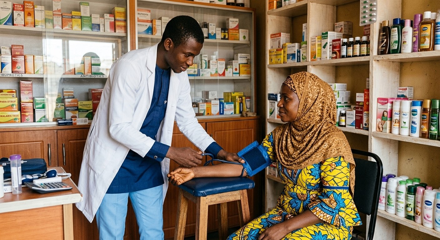 A customer at the counter of a small Nigerian community pharmacy holding a blister pack of medicine, seen from behind.