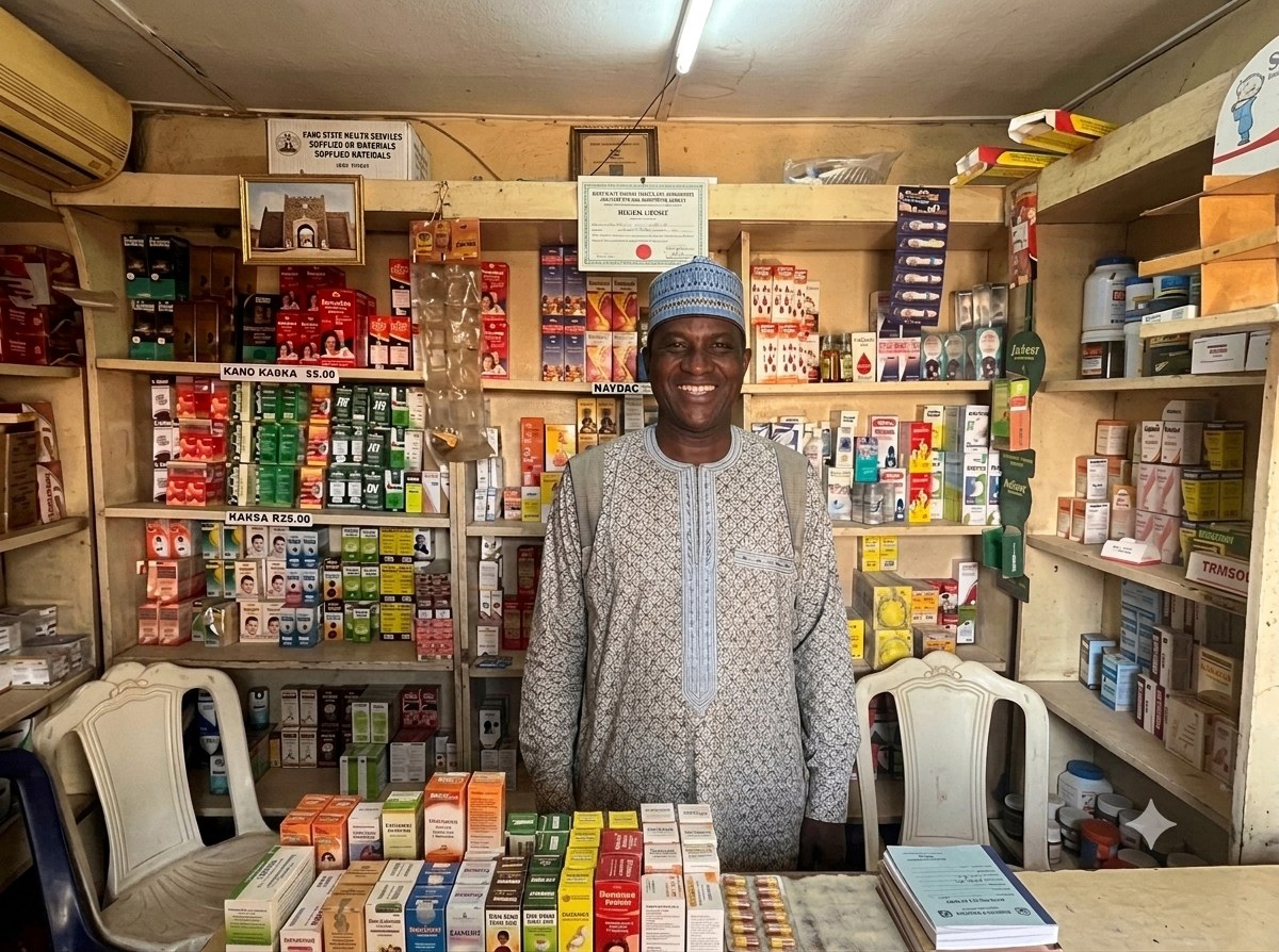 Interior of a tidy Nigerian patent-medicine shop with shelves of boxed medicines and a counter.