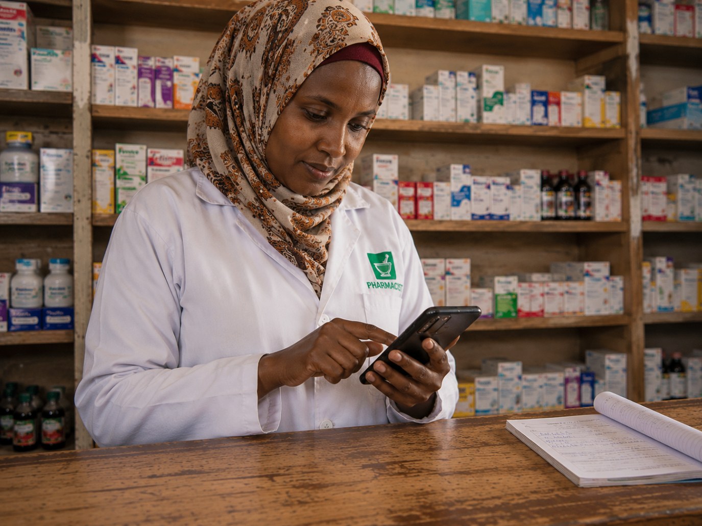 A female northern Nigerian patent-medicine vendor in a hijab tapping a survey form on her smartphone behind her shop counter.