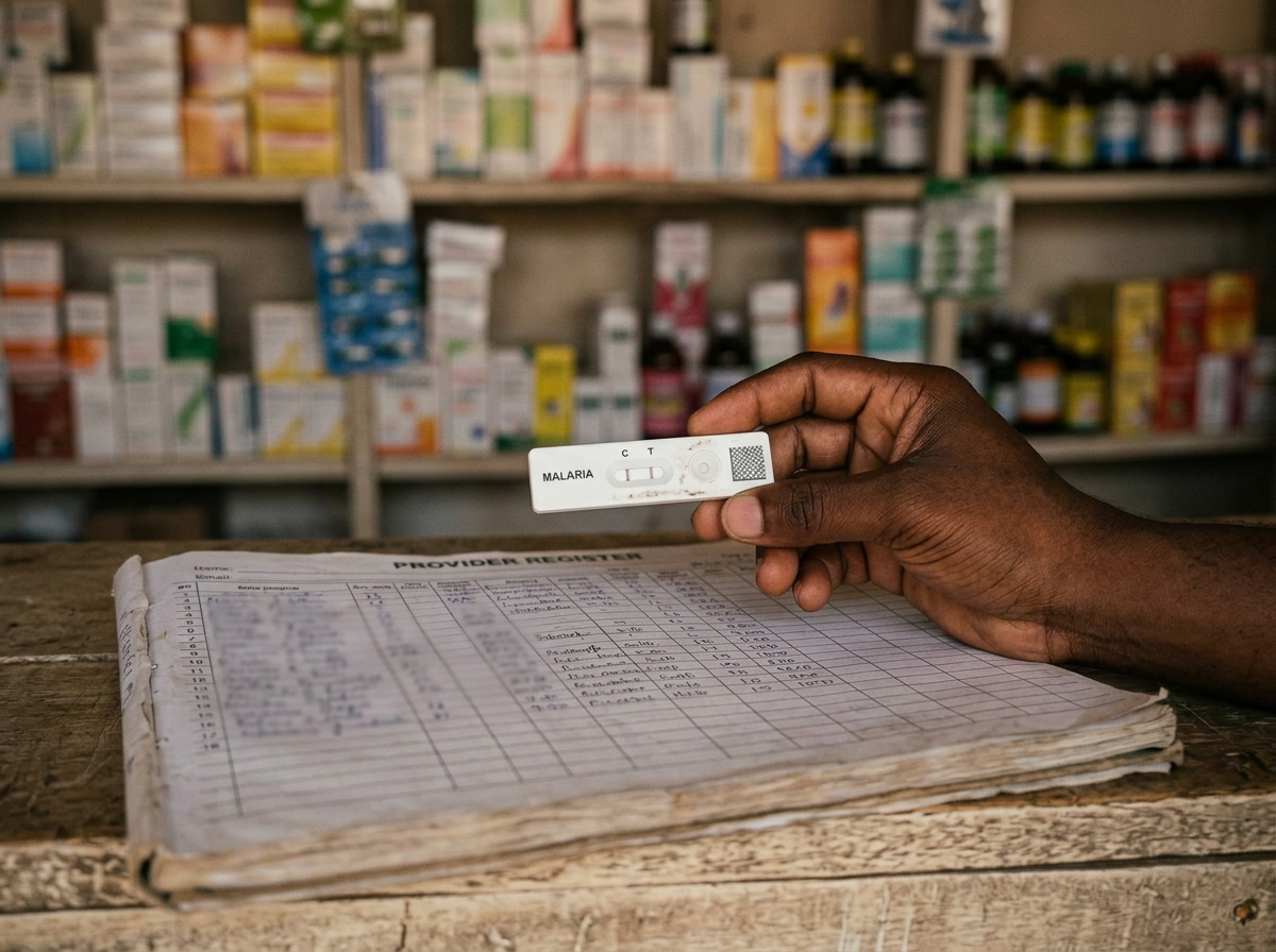 A hand holding a used malaria rapid diagnostic test cassette above an open paper provider register on a wooden counter in a northern-Nigerian medicine shop, with shelves of medicine softly blurred behind