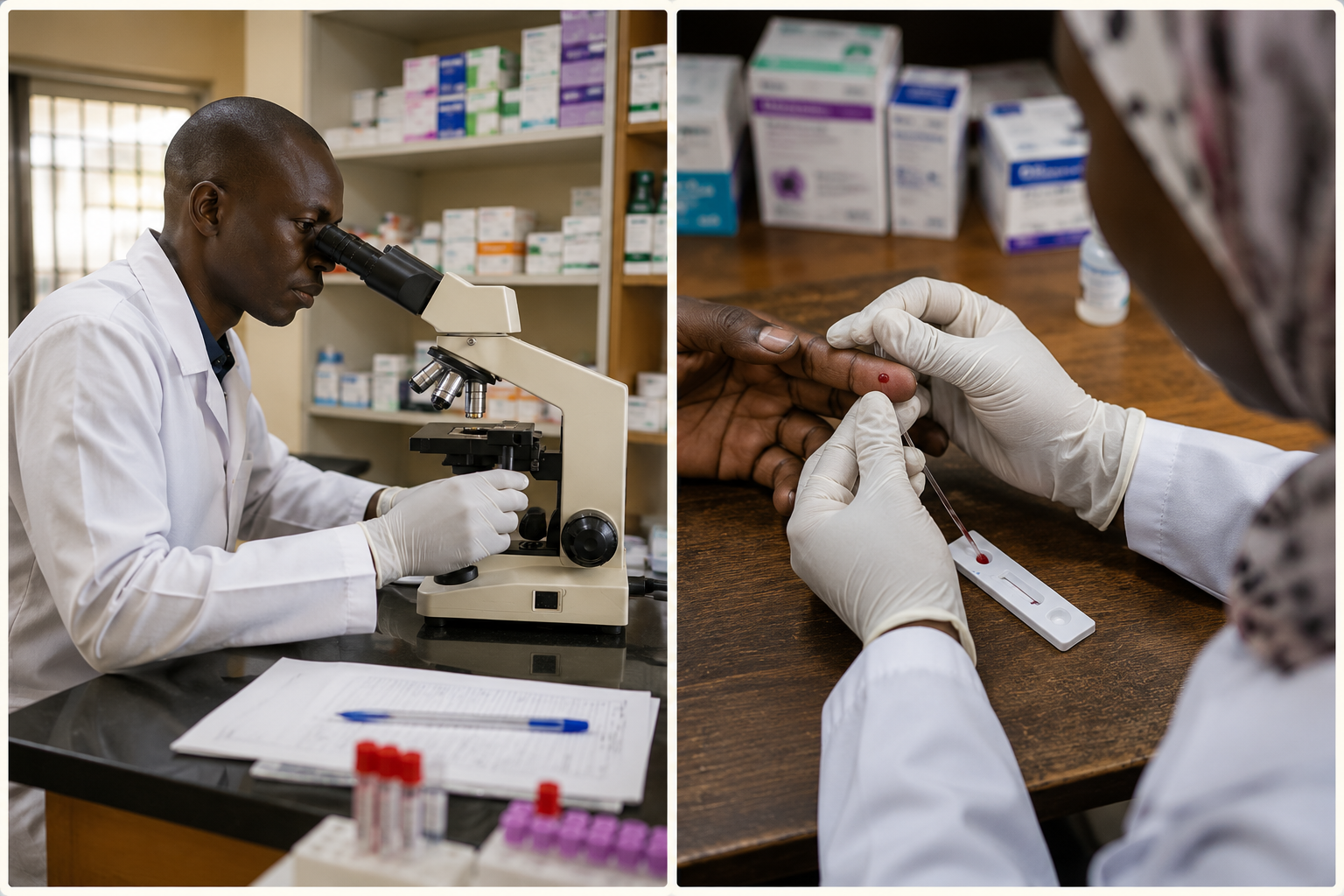 A microscope beside a malaria rapid diagnostic test cassette on a lab bench