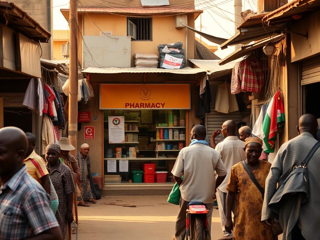 A busy northern Nigerian market street with a small pharmacy