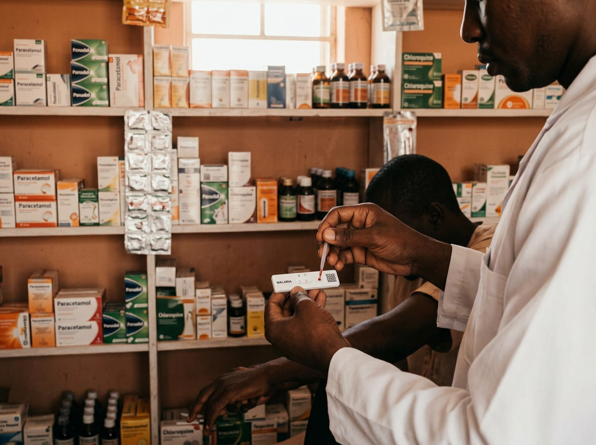 A provider in a white coat performing a malaria rapid diagnostic test in a northern-Nigerian patent-medicine shop, holding a flat white mRDT cassette while attending to a patient, shelves of medicine softly blurred behind