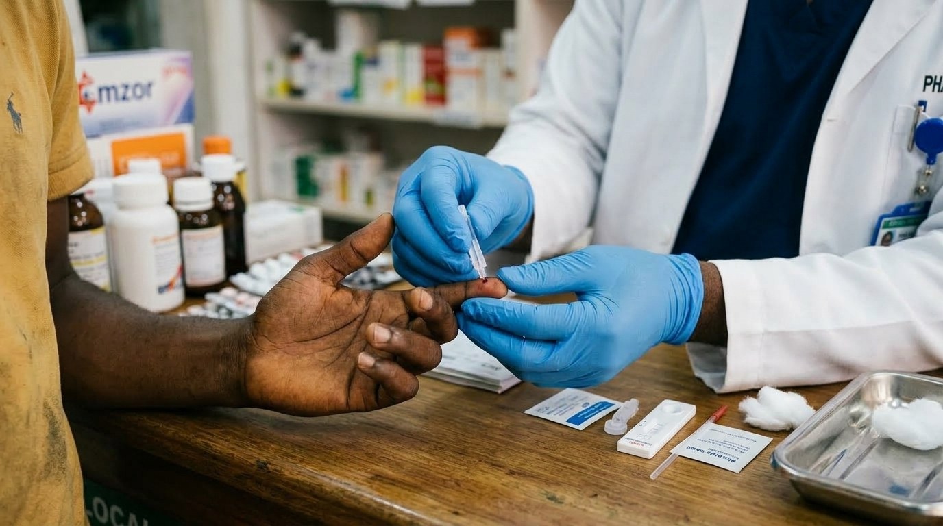 Patient receiving a rapid diagnostic test for malaria at a community pharmacy