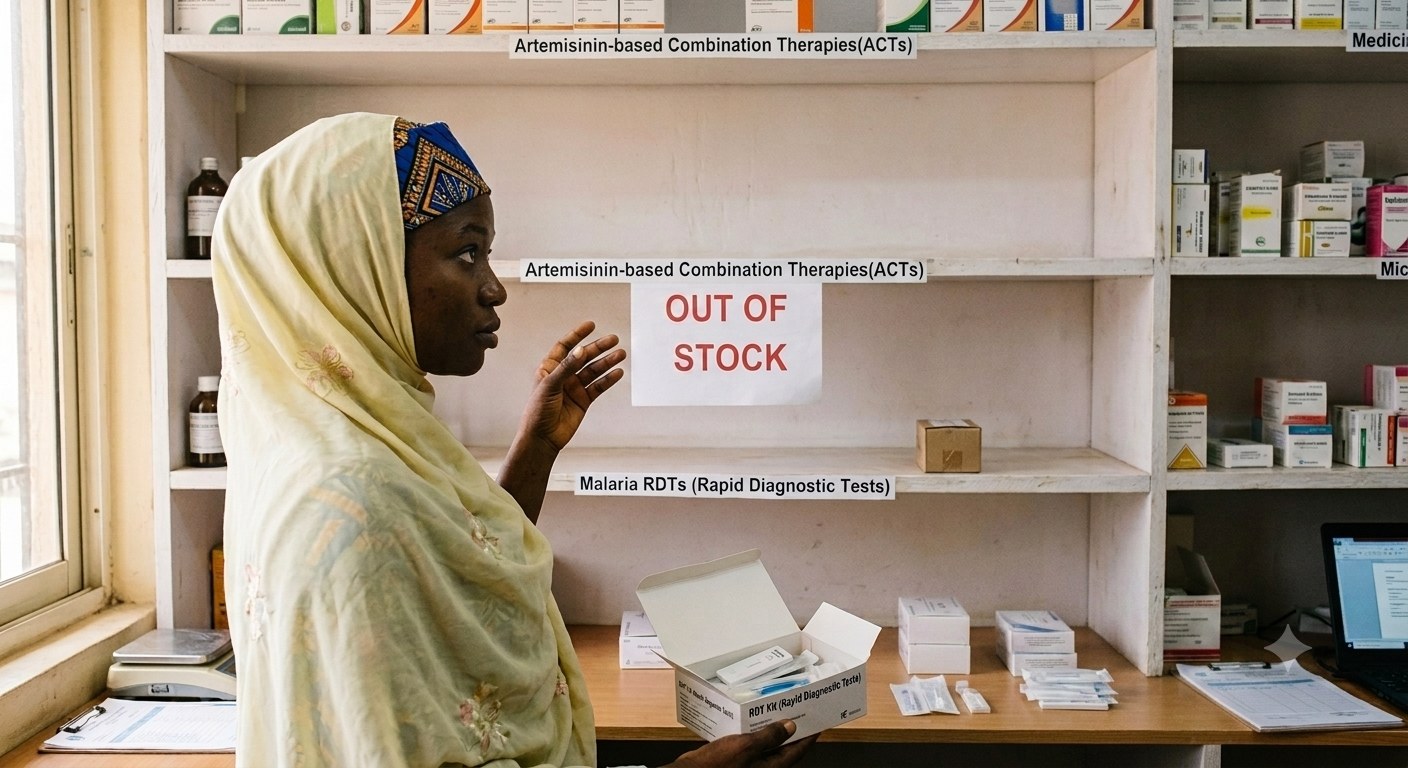 Empty antimalarial medicine shelf at a Nigerian patent medicine vendor