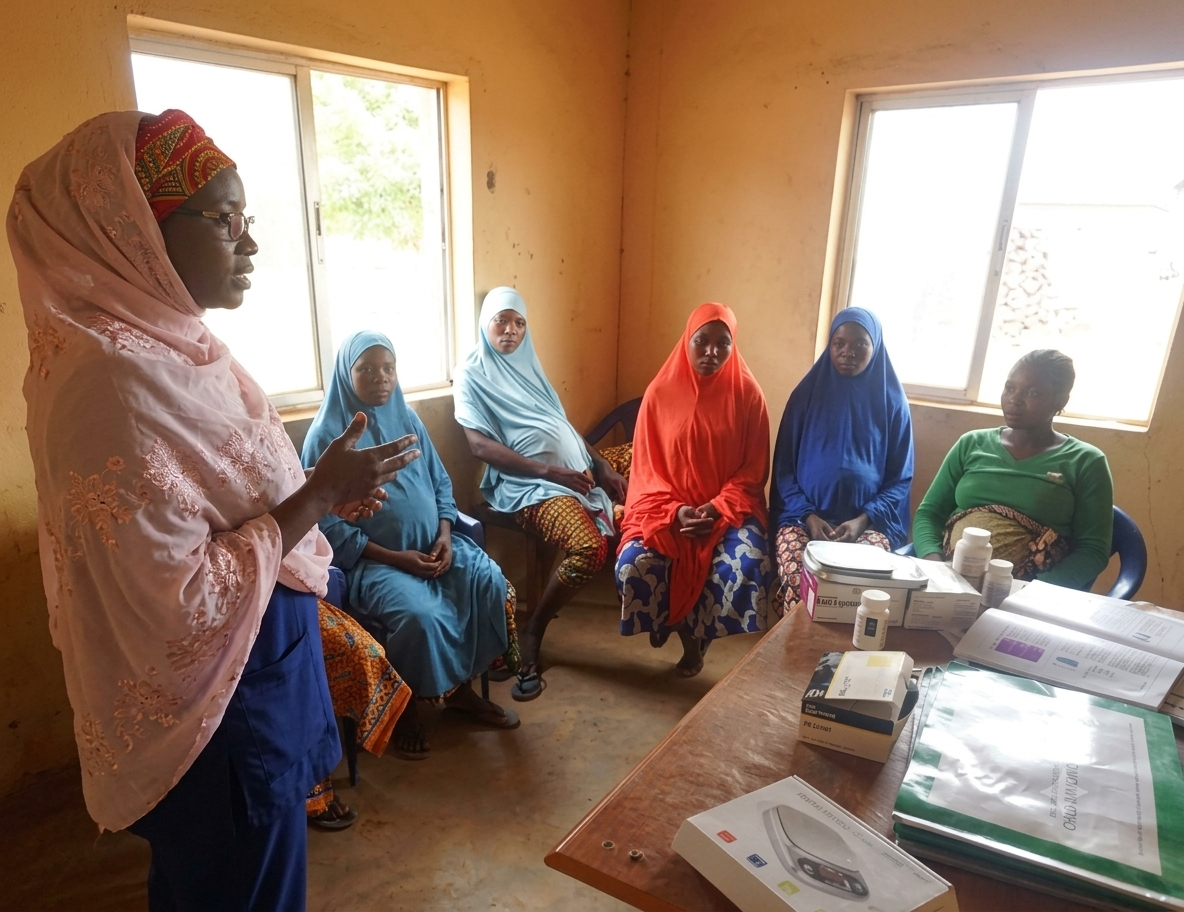 Pregnant woman receiving IPTp medication during an antenatal care visit in northern Nigeria