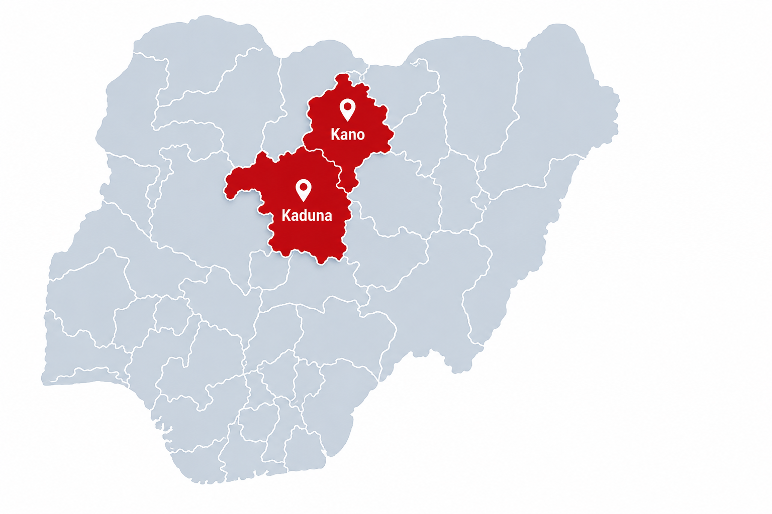 Map illustration contrasting malaria commodity stock levels between Kano and Kaduna states